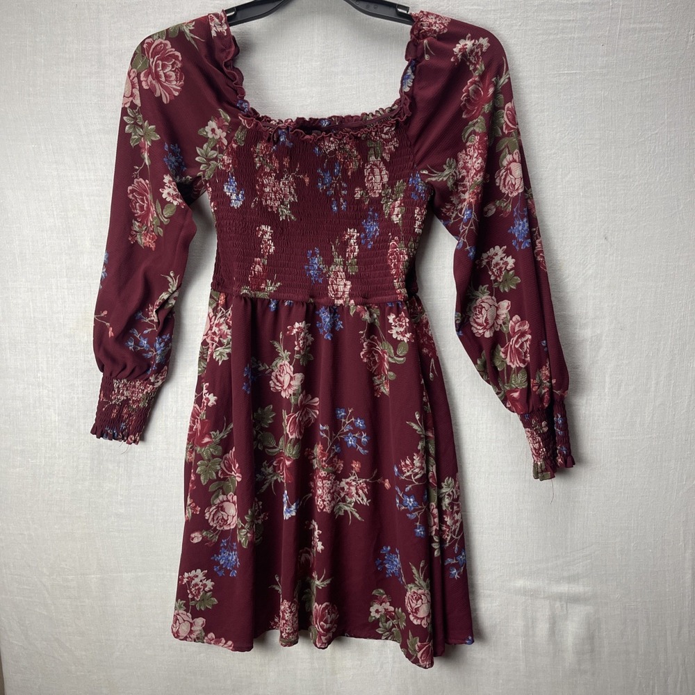 Xhilaration M Burgundy Floral Smocked Square Neck Ruffle Mini Dress Long Slv